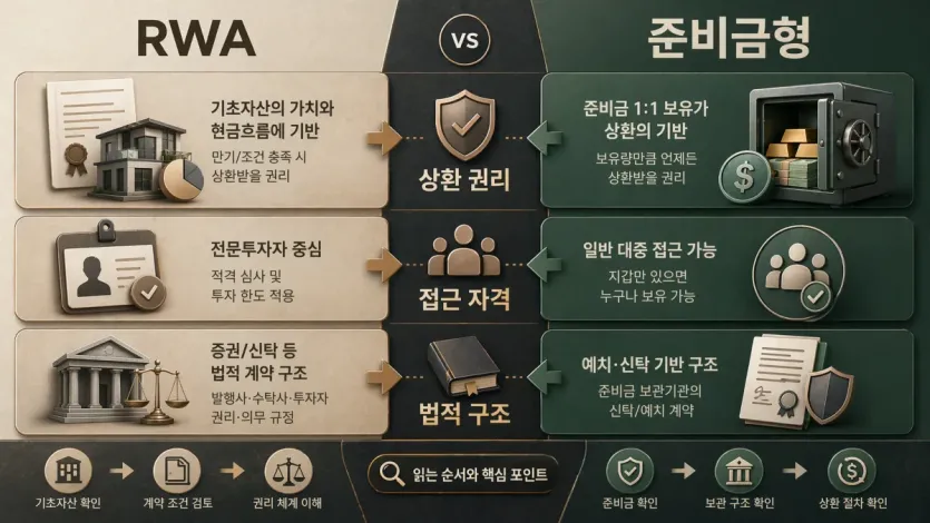 준비금형 스테이블코인과 RWA 상품을 읽는 순서를 상환 권리와 접근 자격 기준으로 비교한 이미지