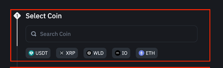 Binance Deposit Crypto 화면에서 Select Coin 영역을 확인하는 캡처