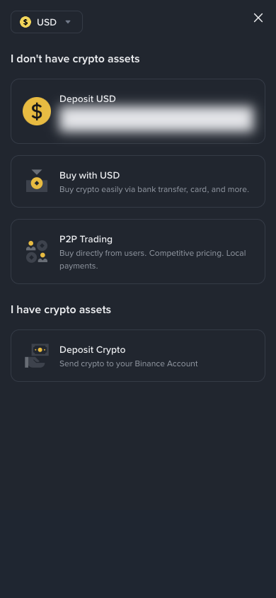 Binance 모바일웹 화면에서 입금 메뉴 위치를 확인하는 캡처