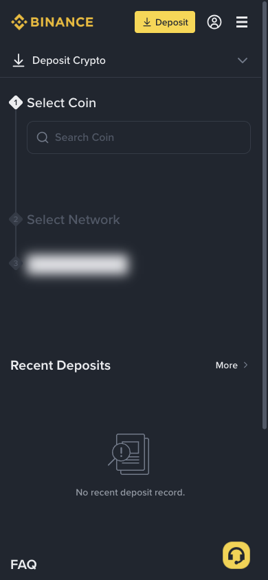 Binance 모바일웹 입금 화면에서 코인 선택 영역을 확인하는 캡처