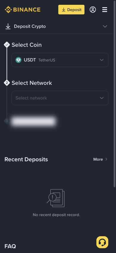 Binance 모바일웹 입금 화면에서 네트워크 선택 줄을 확인하는 캡처