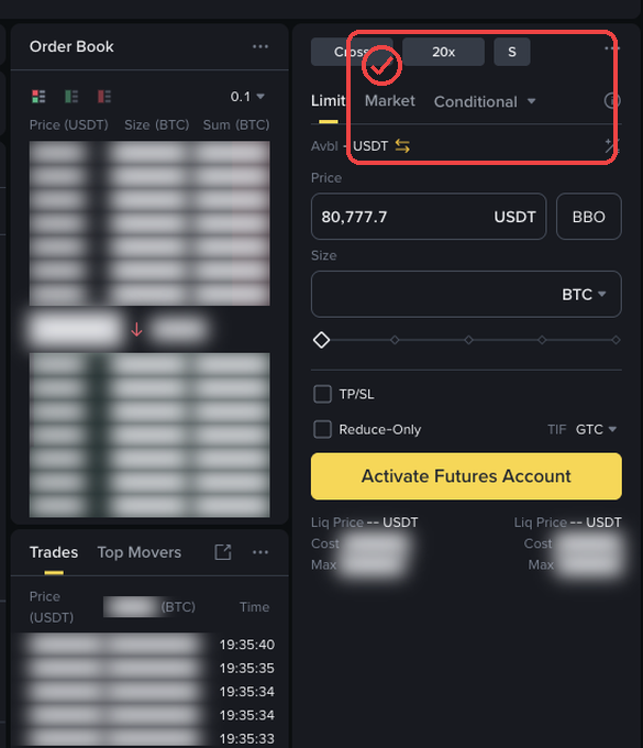바이낸스 PC 선물 주문창에서 Cross와 20x, Limit Market 탭을 확인하는 캡처