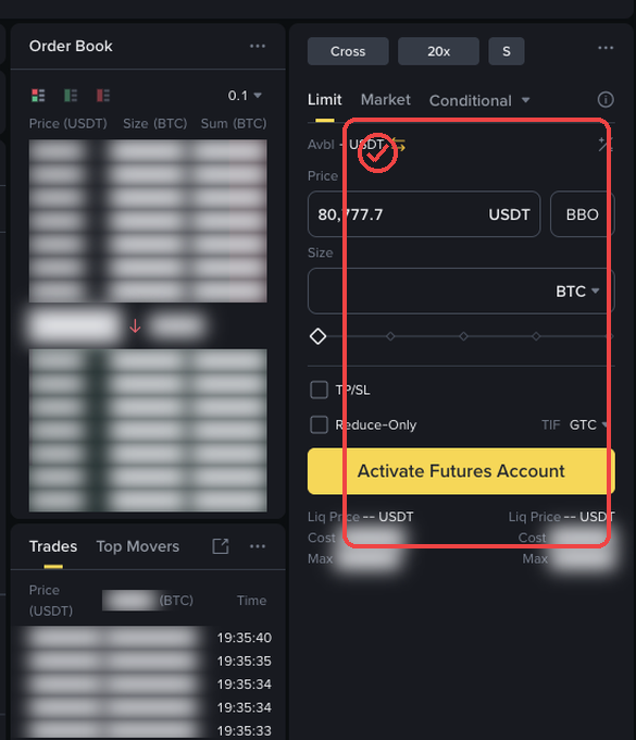 바이낸스 PC 선물 주문창에서 Price와 Size 입력칸을 확인하는 캡처