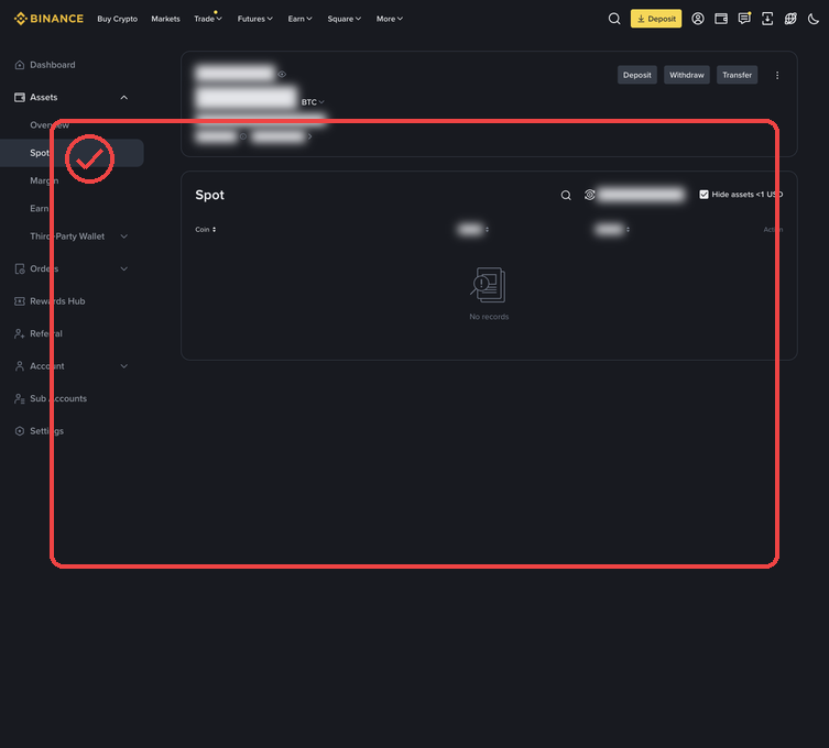 Binance PC 자산 화면에서 Withdraw 버튼 위치를 확인하는 캡처