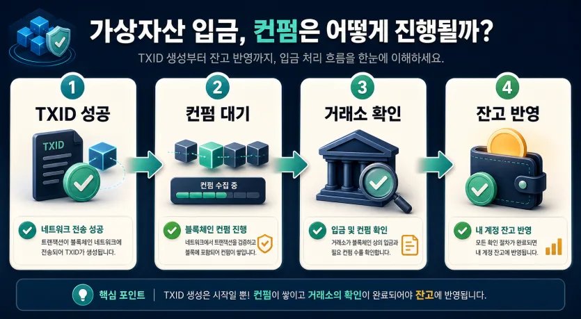 TXID 성공, 컨펌 대기, 거래소 확인, 잔고 반영으로 이어지는 코인 입금 처리 흐름 인포그래픽