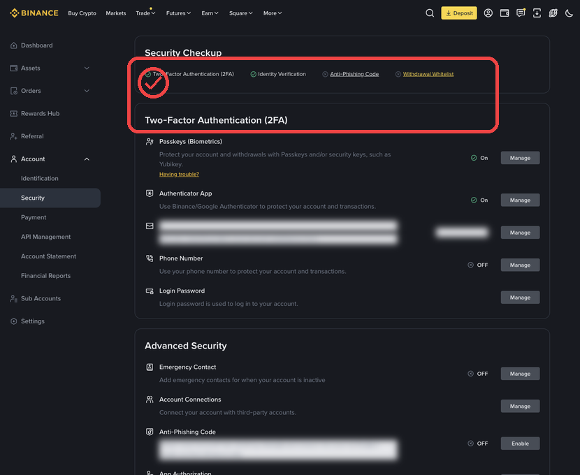 Binance PC 보안 화면에서 Security와 주요 보안 항목 탭을 확인하는 캡처
