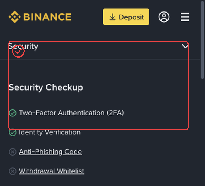 바이낸스 모바일웹 보안 화면에서 Security와 주요 보안 항목 탭을 보여주는 캡처