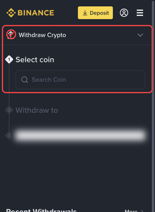바이낸스 모바일웹 Withdraw Crypto 화면의 Select coin 영역