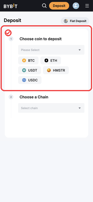 바이비트 모바일웹 Choose coin to deposit 영역