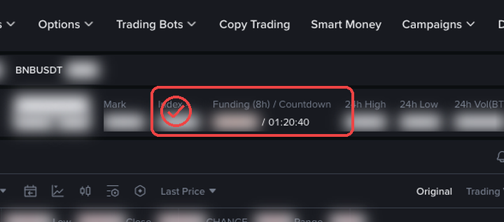 바이낸스 PC 선물 화면 Index와 Funding 위치