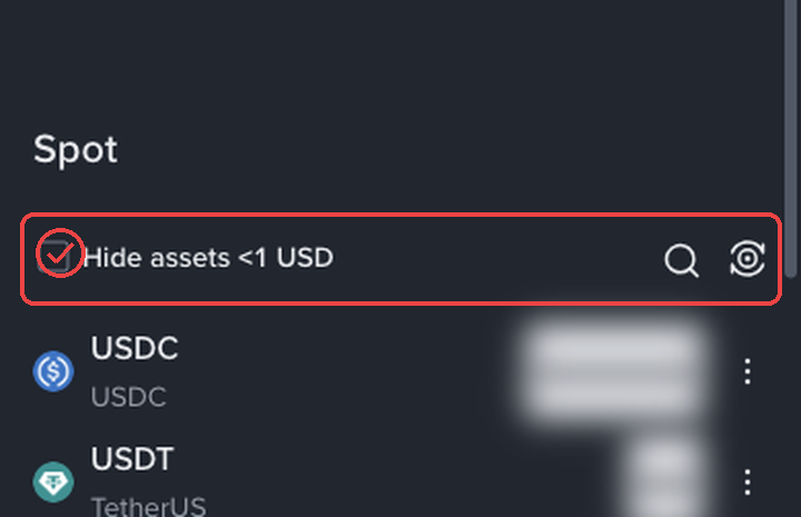 바이낸스 모바일웹 지갑 Hide assets 필터 줄