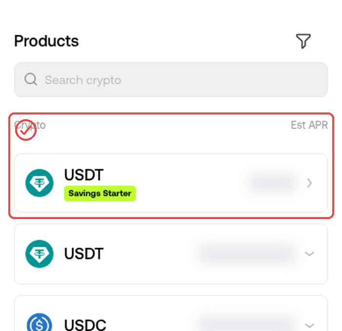 오케이엑스 모바일웹 USDT 상품과 Est APR 열