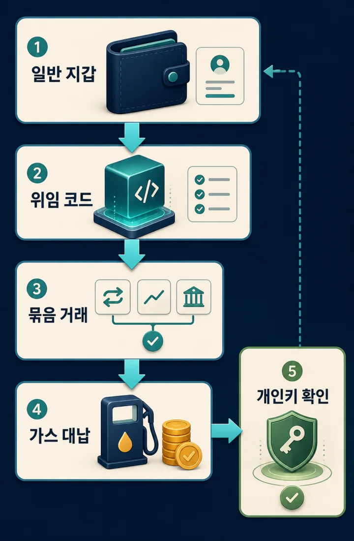 일반 지갑, 위임 코드, 묶음 거래, 가스 대납, 개인키 확인을 순서대로 보여 주는 EIP-7702 구조 인포그래픽