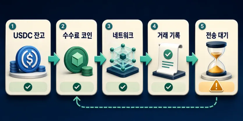 USDC 잔고와 수수료 코인, 네트워크, 거래 기록, 전송 대기의 관계를 보여주는 인포그래픽