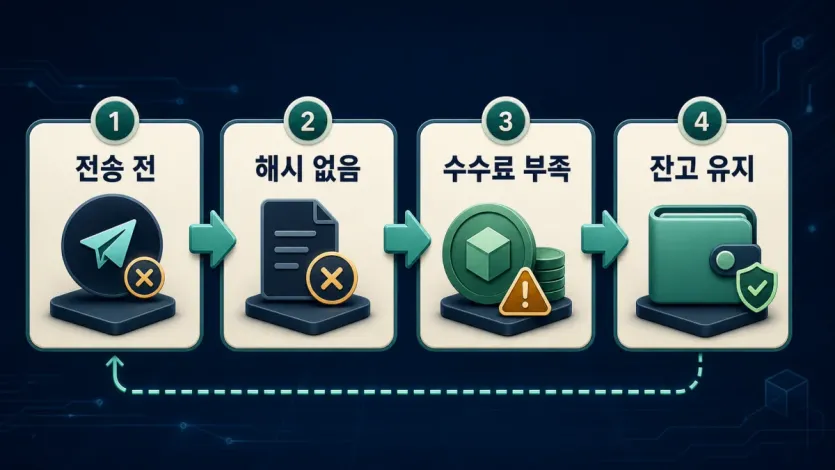 가스비 부족으로 전송 전 차단, 해시 없음, 수수료 부족, 잔고 유지가 이어지는 흐름도형 인포그래픽