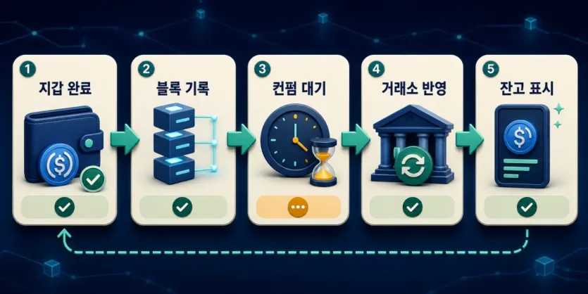 지갑 완료, 블록 기록, 컨펌 대기, 거래소 반영, 잔고 표시가 이어지는 입금 컨펌 흐름도