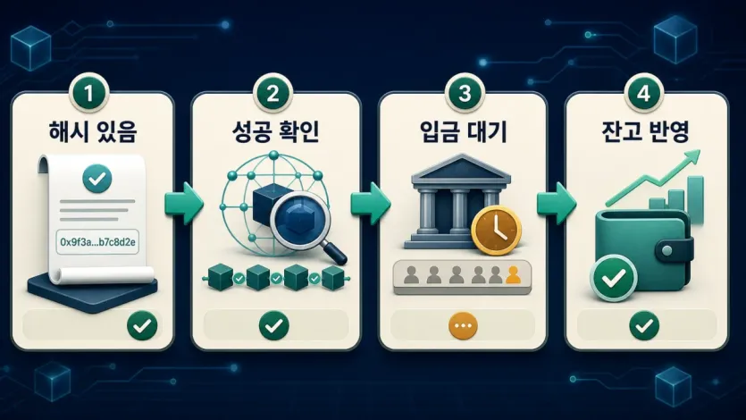해시 있음, 성공 확인, 입금 대기, 잔고 반영으로 이어지는 거래소 입금 확인 흐름도