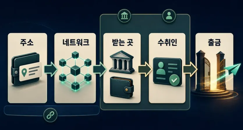 USDT 출금에서 주소와 네트워크 확인 뒤 수취인 정보가 따로 확인되는 흐름