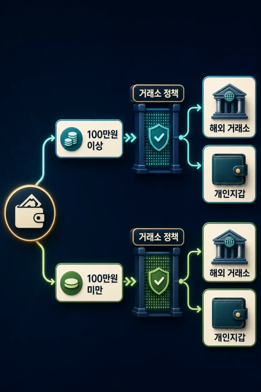 USDT 출금 트래블룰에서 100만원 기준과 해외 거래소, 개인지갑 목적지가 거래소 정책을 거치는 구조