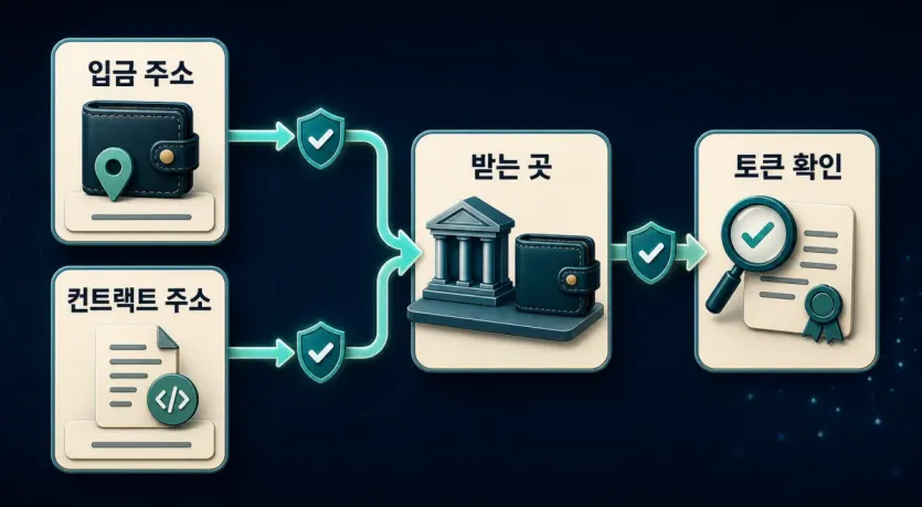 입금 주소와 컨트랙트 주소가 서로 다른 역할을 한다는 흐름도형 이미지