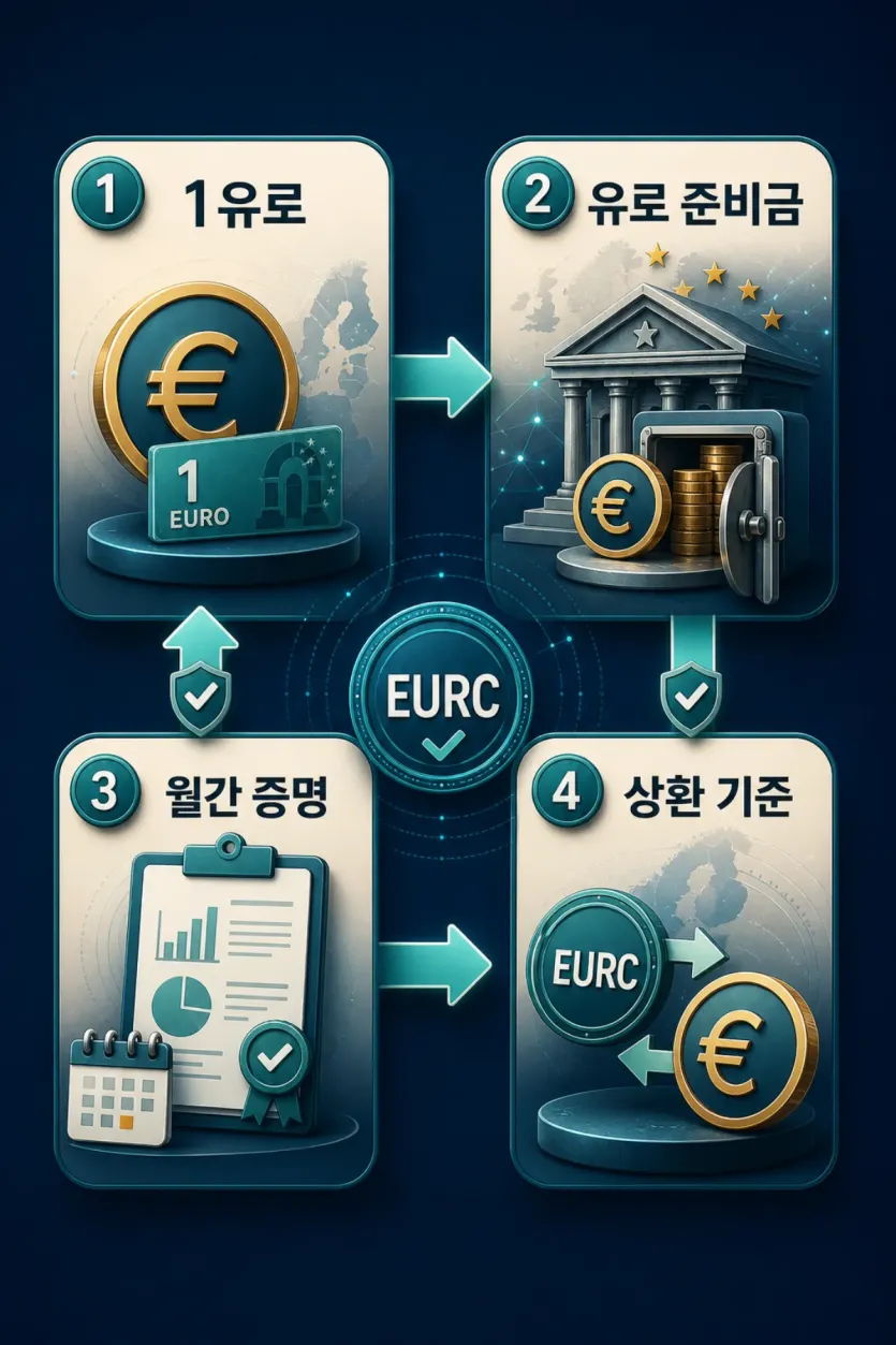 EURC가 1유로와 유로 준비금, 월간 증명, 상환 기준으로 연결되는 구조