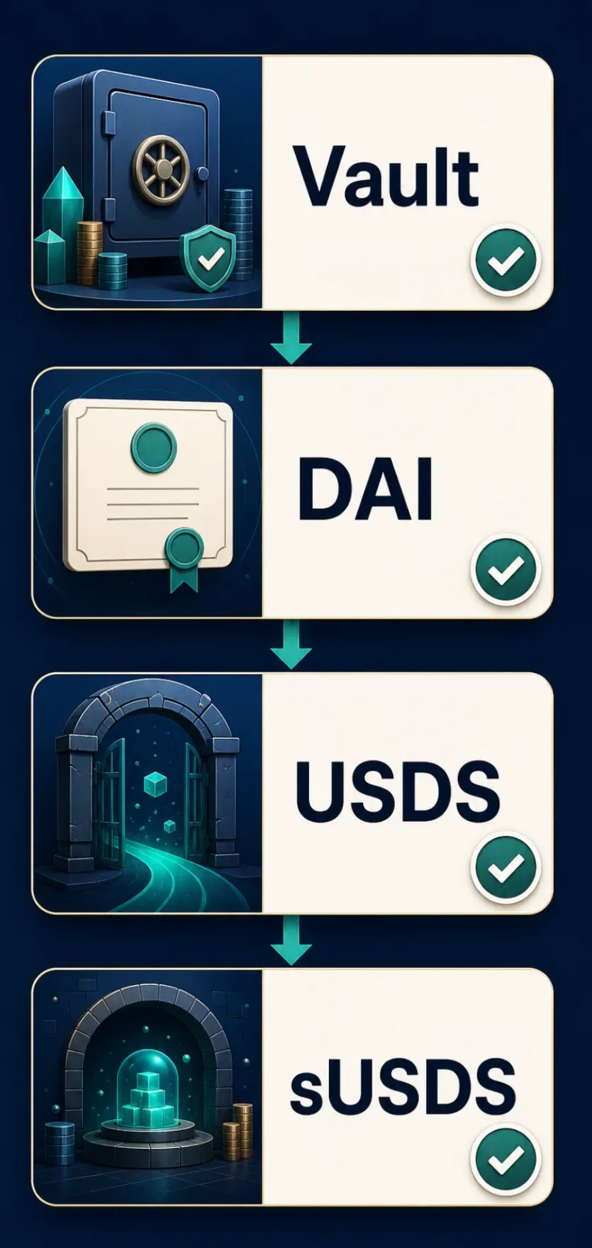 Vault에서 DAI, USDS, sUSDS로 이어지는 관계를 단계별로 보여 주는 인포그래픽