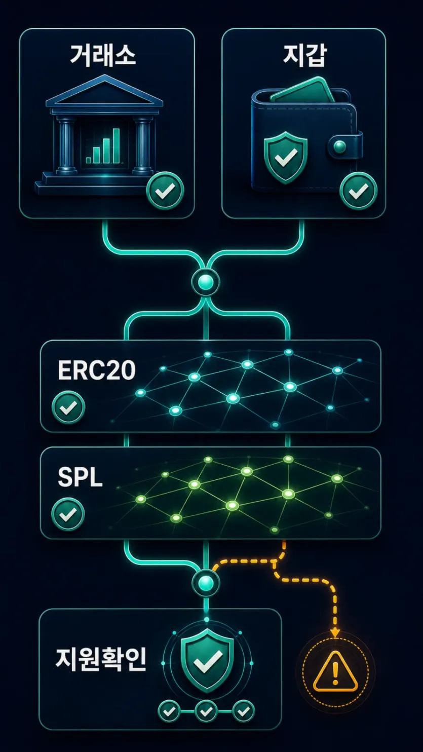USDP 입금 전 거래소, 지갑, ERC20, SPL, 지원 확인 흐름을 보여 주는 한국어 인포그래픽
