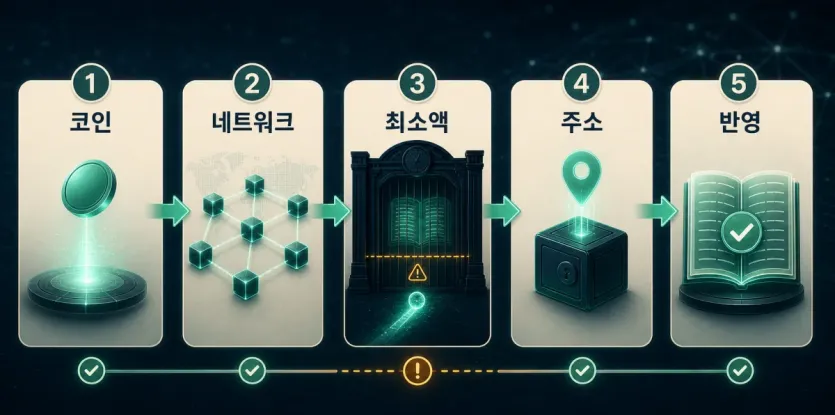 코인, 네트워크, 최소액, 주소, 장부 반영 순서로 USDT 최소 입금액 기준이 작동하는 흐름을 보여 주는 인포그래픽