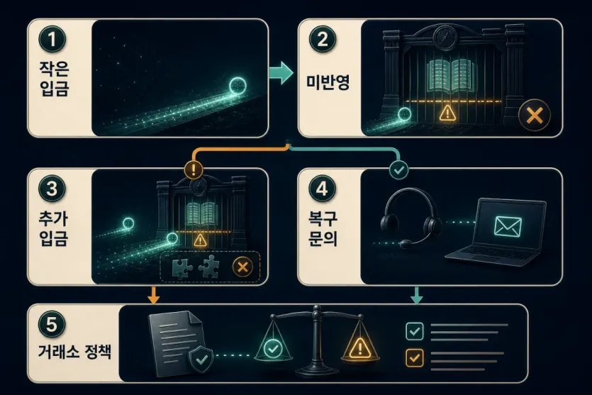작은 입금이 미반영된 뒤 추가 입금과 복구 문의가 거래소 정책에 따라 갈라지는 흐름을 보여 주는 인포그래픽