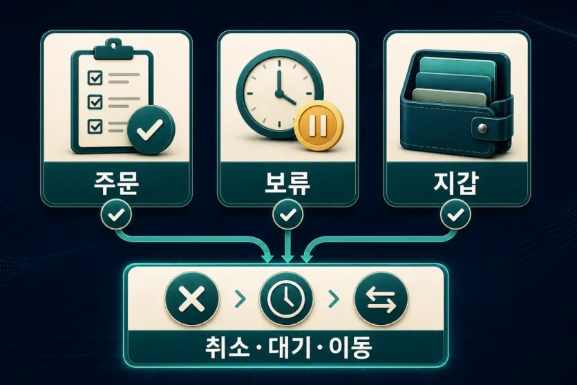 열린 주문과 보류, 지갑 구분을 확인해 취소 대기 이동을 판단하는 흐름