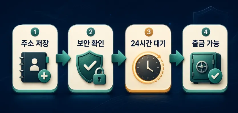 주소 저장, 보안 확인, 24시간 대기, 출금 가능으로 이어지는 화이트리스트 흐름