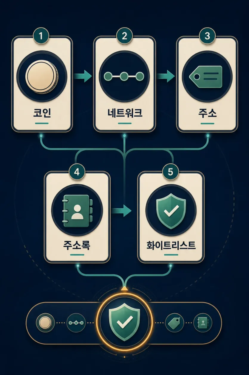 USDT 출금에서 코인, 네트워크, 주소, 주소록, 화이트리스트가 한 묶음으로 연결되는 구조