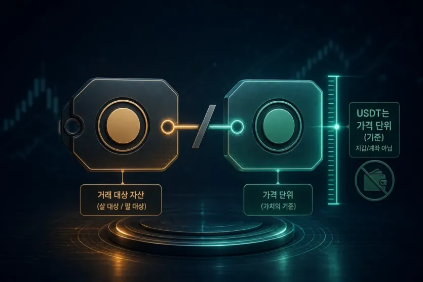 BTC USDT 거래쌍에서 USDT가 지갑이 아니라 가격 단위로 쓰이는 구조를 보여 주는 개념 이미지