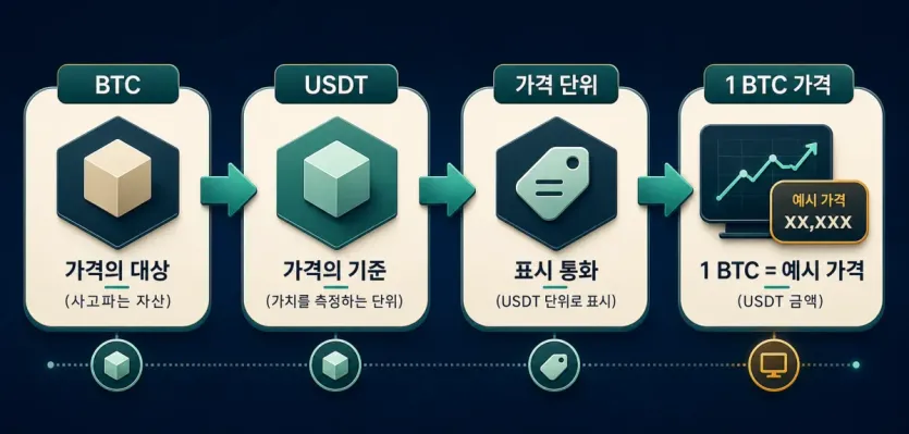 BTC가 가격을 매기는 대상이고 USDT가 가격의 기준 단위가 되는 흐름을 보여 주는 인포그래픽