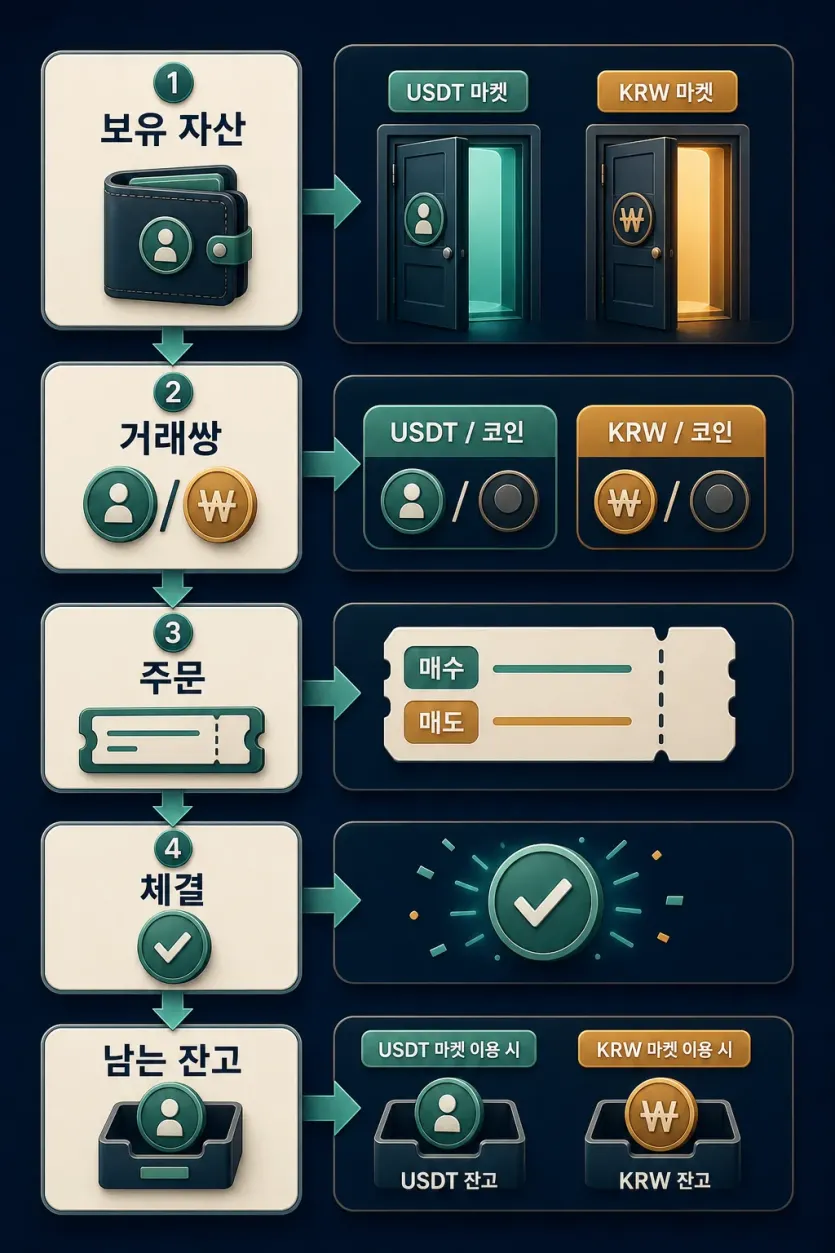 보유 자산에서 거래쌍을 고르고 주문과 체결을 거쳐 USDT 또는 KRW 잔고가 남는 흐름을 보여 주는 인포그래픽