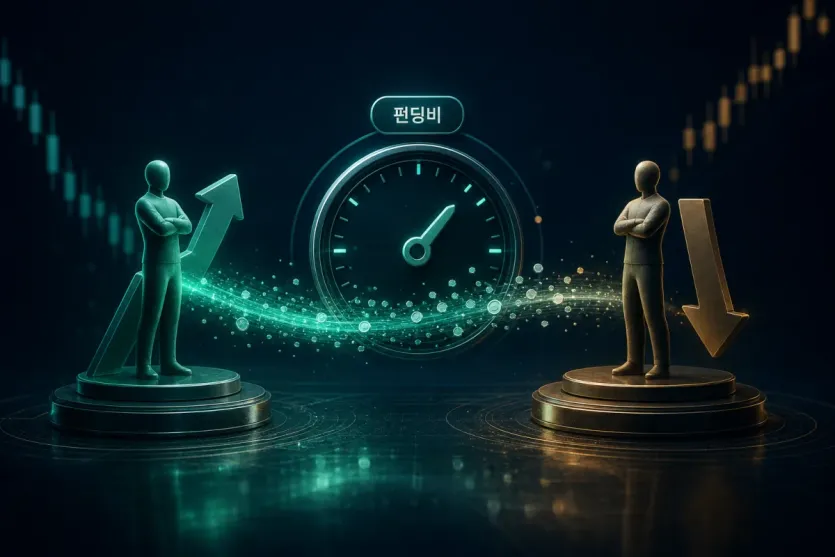 USDT 선물 펀딩비가 정해진 시간마다 롱과 숏 사이에서 오가는 구조를 표현한 이미지