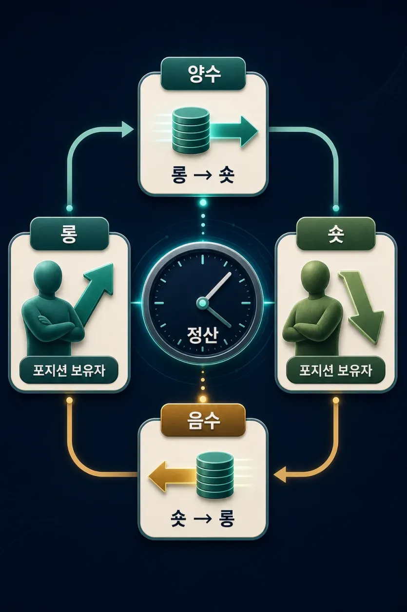 펀딩비율이 양수일 때 롱에서 숏으로, 음수일 때 숏에서 롱으로 비용이 이동하는 흐름을 보여 주는 인포그래픽