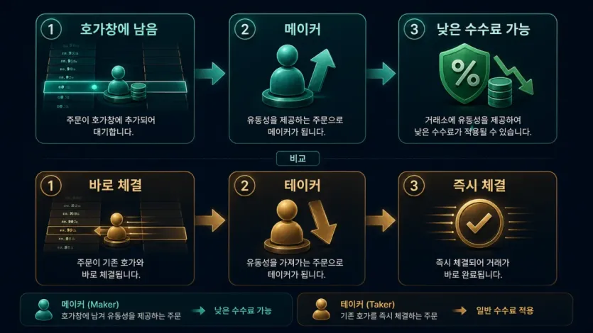 호가창에 남는 주문은 메이커로, 바로 체결되는 주문은 테이커로 나뉘는 수수료 구조 인포그래픽