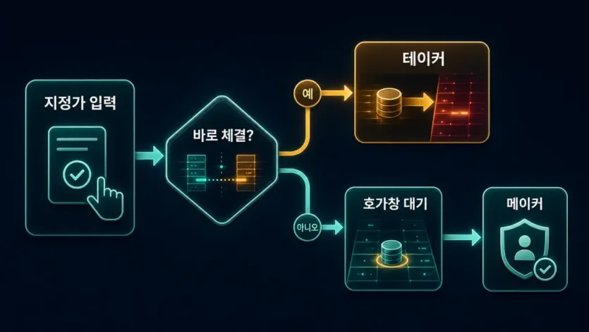 지정가 주문이 바로 체결되면 테이커가 되고 호가창에 대기하면 메이커가 되는 분기 구조 인포그래픽