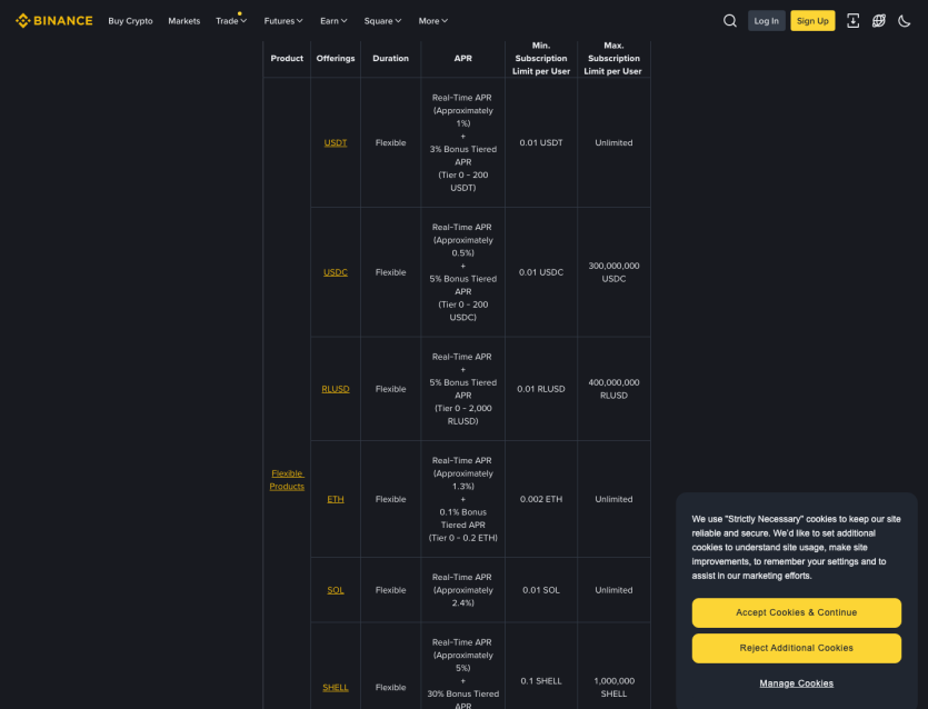 Binance 공식 페이지에 표시된 USDT 예치 이벤트 이자율 조건 캡처