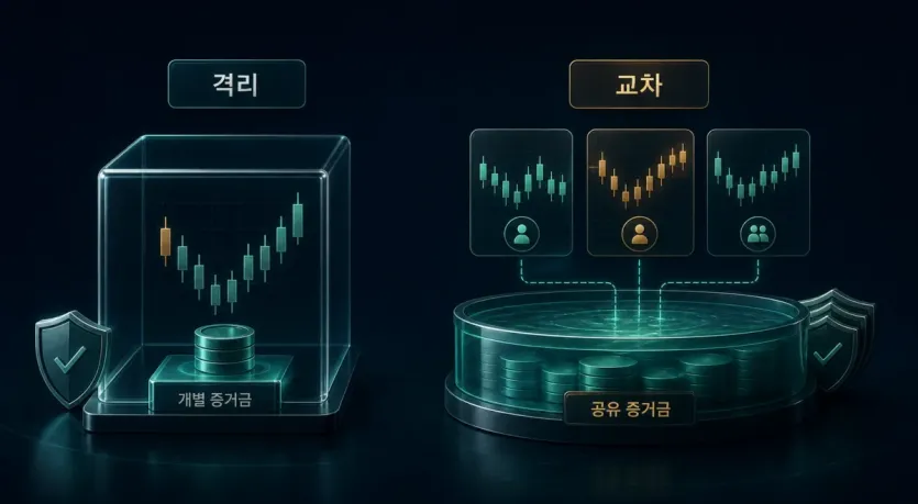 격리 마진은 포지션별 증거금 울타리로, 교차 마진은 여러 포지션이 공유 잔고를 쓰는 구조를 비교한 이미지