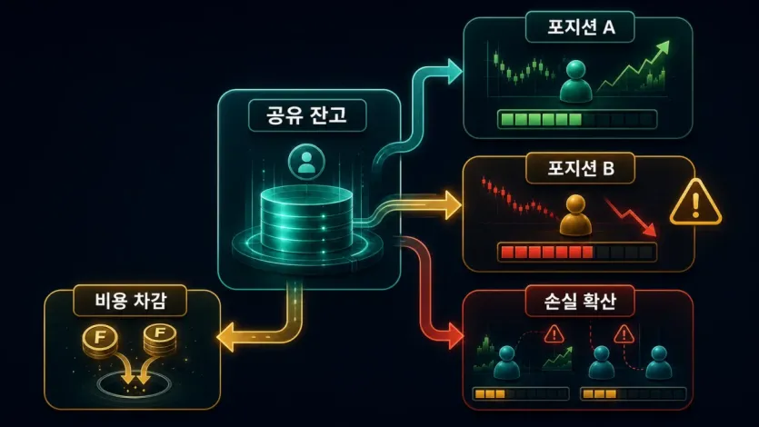 교차 마진에서 여러 포지션이 공유 잔고를 함께 쓰고 손실과 비용이 계정 여유분에 영향을 주는 구조 인포그래픽