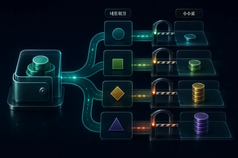 USDT 출금 금액이 여러 네트워크 길로 나뉘고 각 길마다 수수료가 다르게 붙는 구조를 보여 주는 이미지