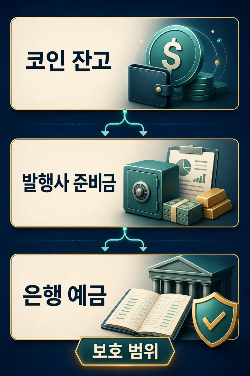 코인 잔고, 발행사 준비금, 은행 예금과 보호 범위가 서로 다른 층에 있음을 정리한 인포그래픽