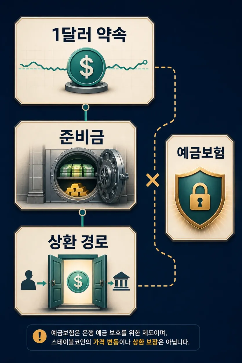 1달러 약속, 준비금, 상환 경로, 예금보험이 각각 다른 위험과 보호 범위를 가진다는 점을 보여 주는 인포그래픽