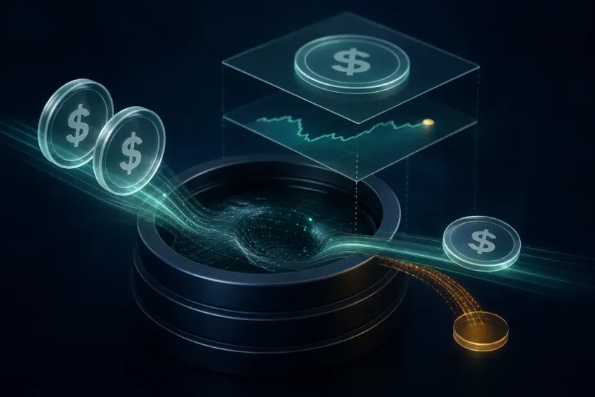 USDC와 USDT 스왑 견적에서 받을 수량과 수수료가 나뉘어 보이는 개념 이미지