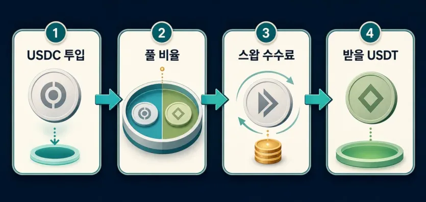 USDC 투입부터 풀 비율과 스왑 수수료를 거쳐 받을 USDT가 정해지는 구조