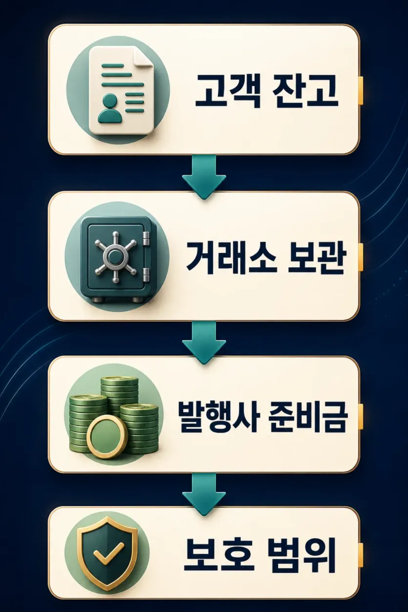 고객 잔고와 거래소 보관 자산, 발행사 준비금, 보호 범위를 층위로 나눈 인포그래픽