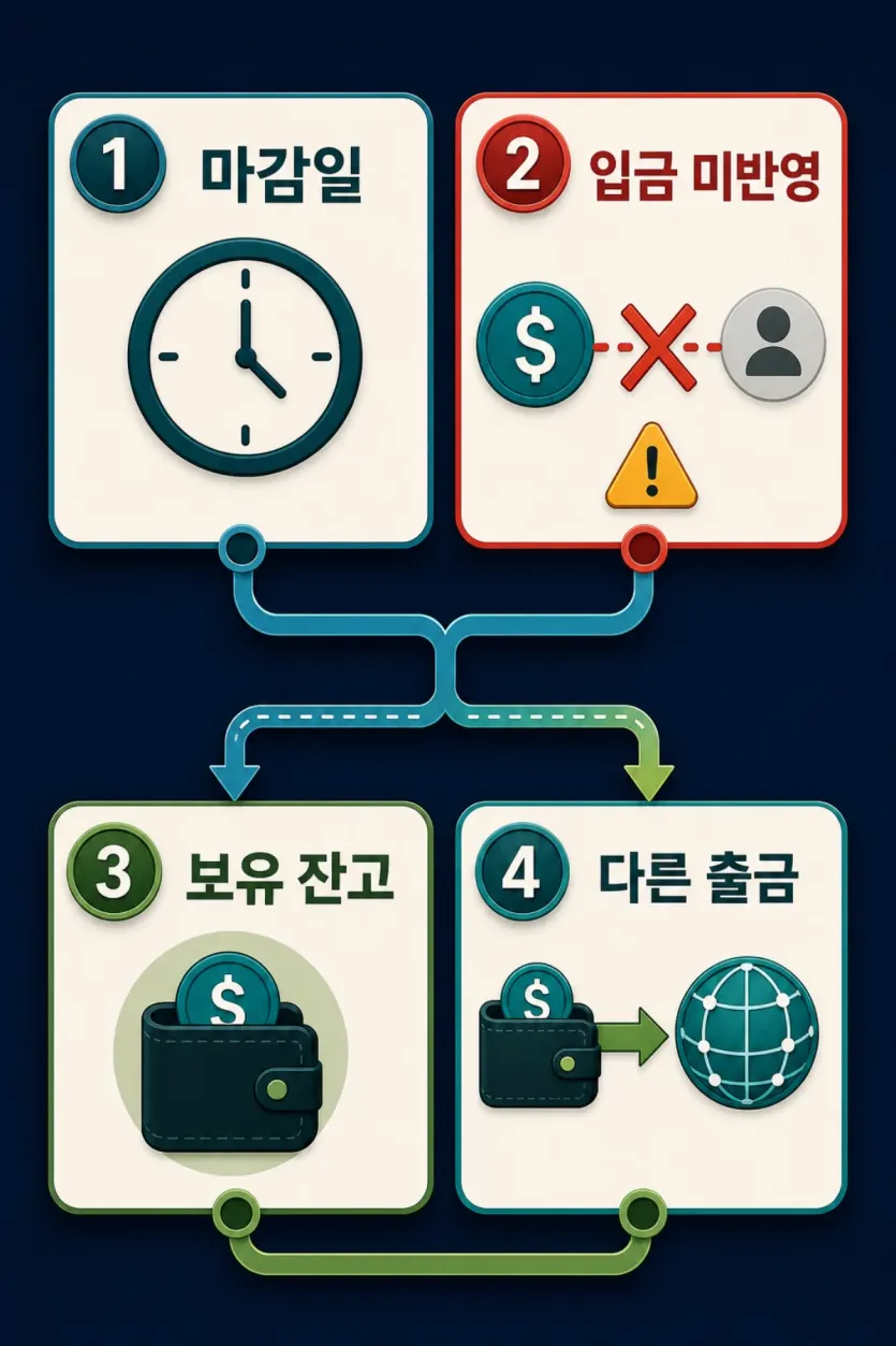 USDC TRC20 마감일 이후 입금 미반영과 보유 잔고 출금 경로 차이를 보여 주는 인포그래픽