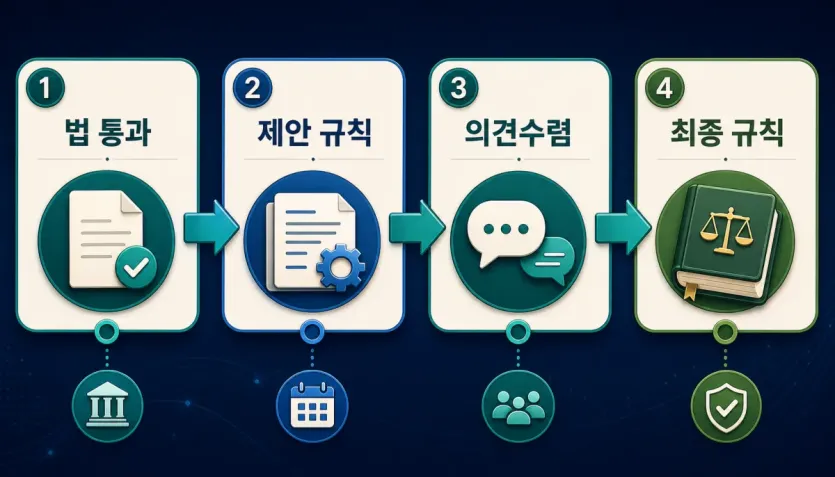 GENIUS Act 이후 제안 규칙과 의견수렴을 거쳐 최종 규칙으로 가는 흐름을 보여 주는 인포그래픽